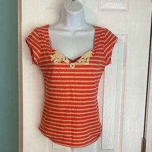 Free People coral and Cream Striped Tee size S